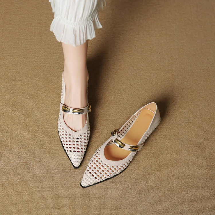 牛皮+编织~3cm~镂空透气真皮一字带单鞋低粗跟尖头配裙子软底凉鞋