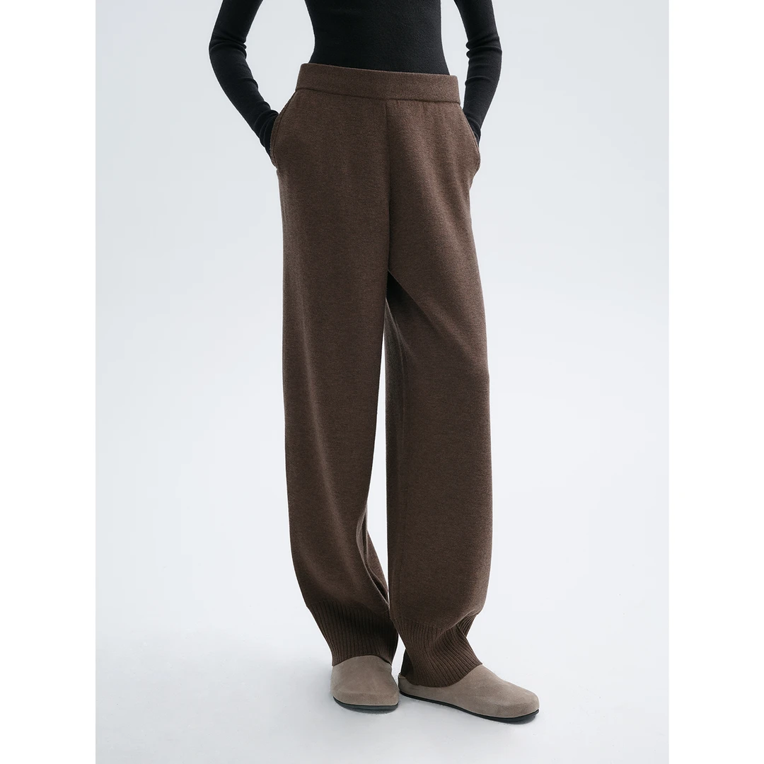 华吉言/HUAJIYAN【旧时光】绵羊毛混纺绒感松紧腰弯刀收口休闲裤