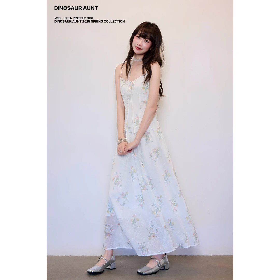 Dinosaur Aunt恐龙阿姨 夏季清冷风收腰显瘦吊带碎花连衣长裙