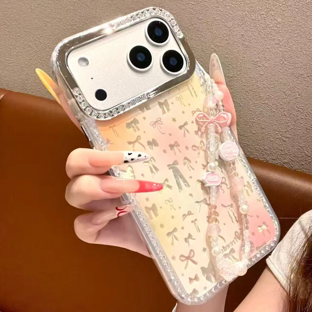 【自带相机保护按键】银色蝴蝶结手机壳适用于苹果17/16/15手机壳