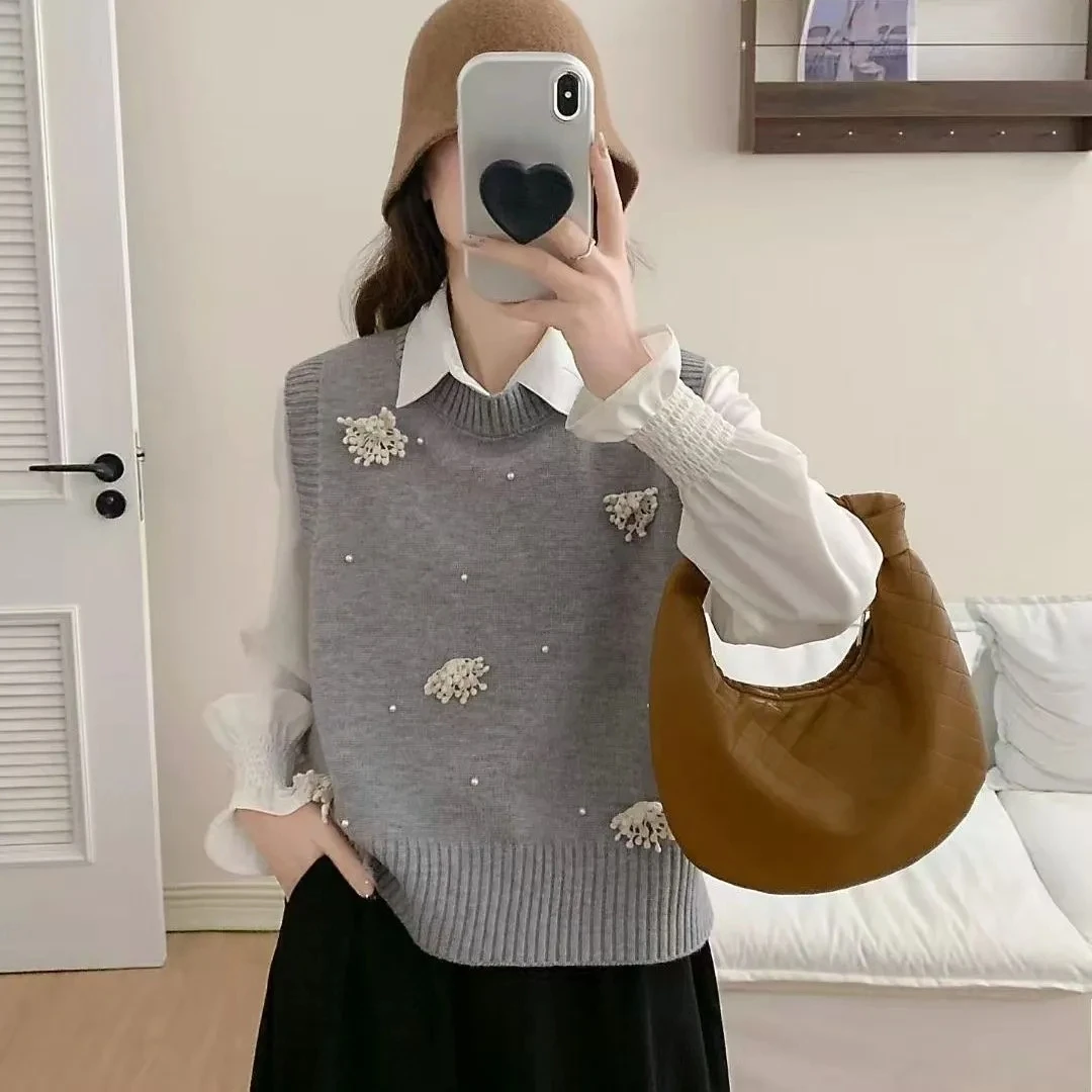 高级感钉珠百搭花朵针织衫马甲背心女2025春秋季新款坎肩叠穿上衣