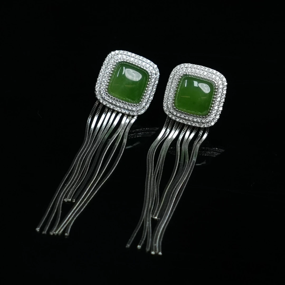 V姐|心选|和田玉碧玉果绿流苏耳钉 13mm-HL16006