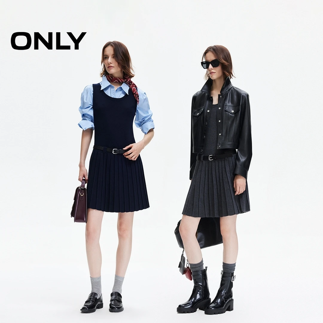 ONLY2025秋季新款无袖圆领针织短裙百褶裙连衣裙女|125346004