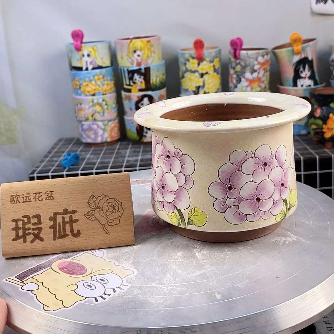 紫砂花盆红陶手绘花盆