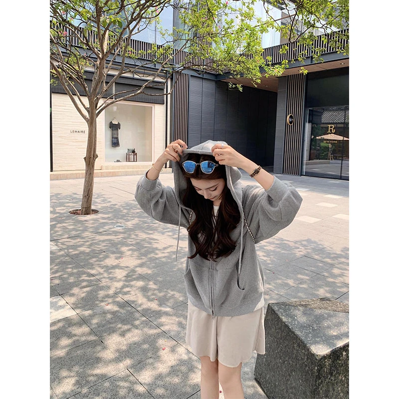 慵懒风休闲气质时尚连帽开衫卫衣外套新款宽松显瘦百搭短裤两件套