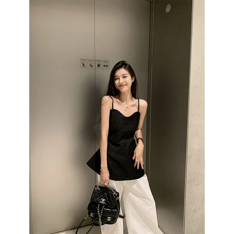 高级设计感纯欲辣妹黑色百搭吊带背心上衣高腰直筒松弛感长裤