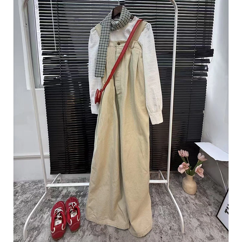 韩版复古纯色简约百搭高级感背带长裤2025夏季新款阔腿显瘦直筒裤