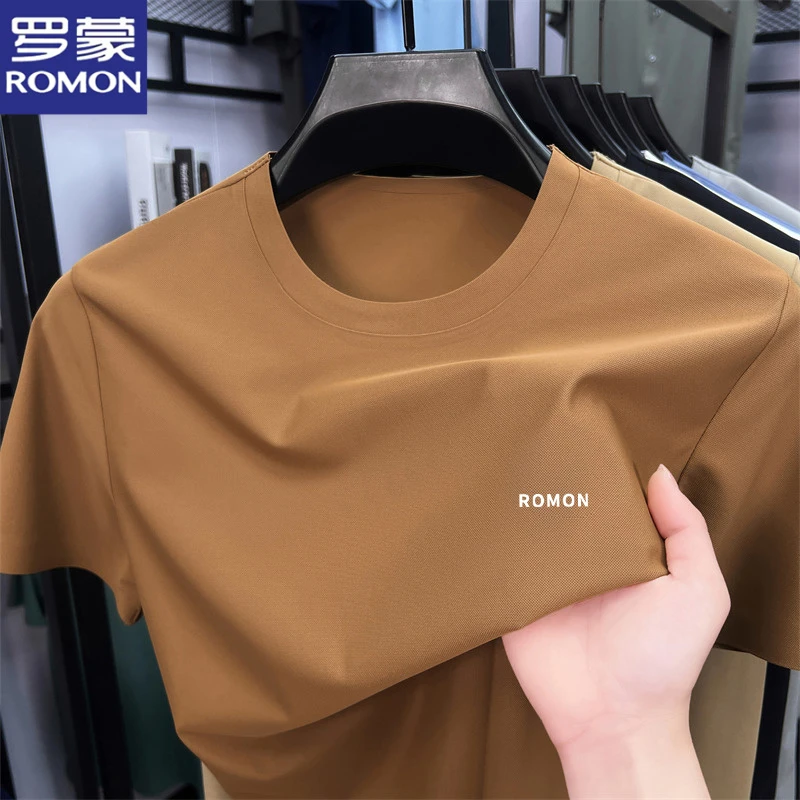 罗蒙夏季凉感男士冰丝短袖上衣柔软亲肤字母印花中青年圆领T恤衫