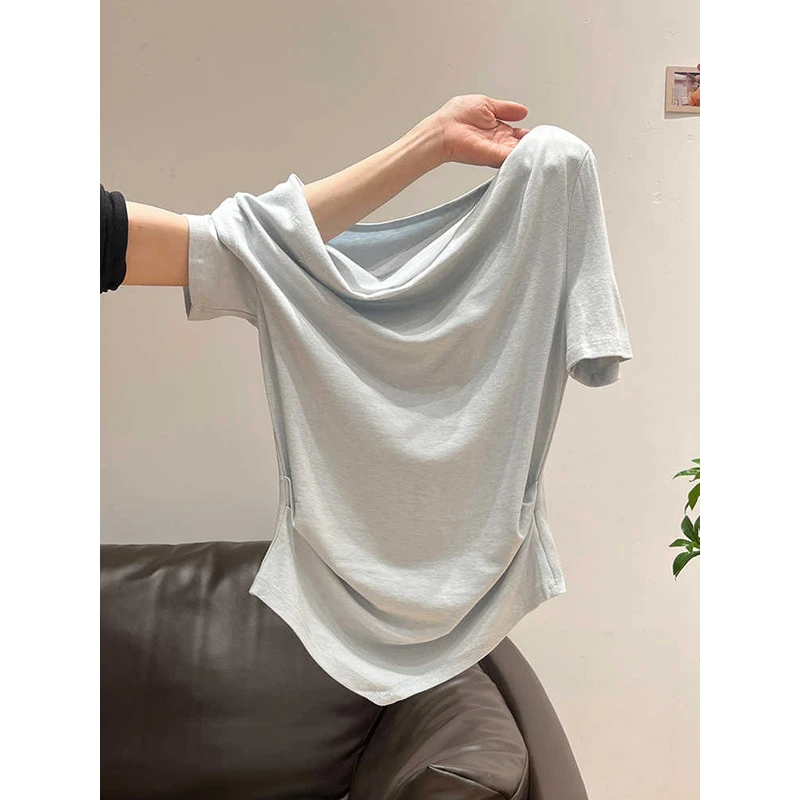 浅蓝色超好看独特荡领短袖t恤女夏季新款斜肩收腰纯欲露锁骨上衣