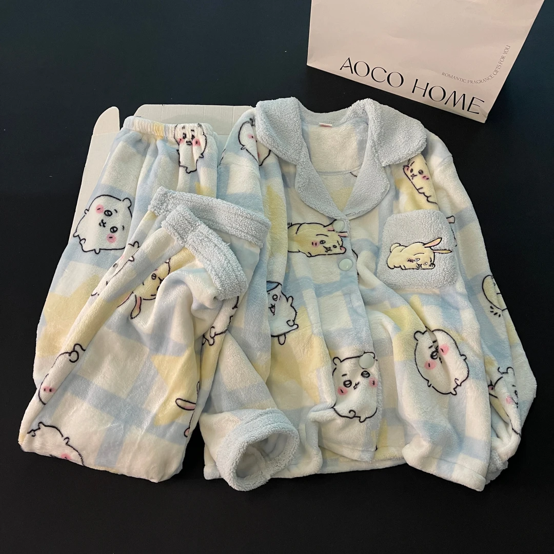 睡衣女士秋冬季珊瑚绒大码加厚可外穿法兰绒乌萨奇套装冬天家居服