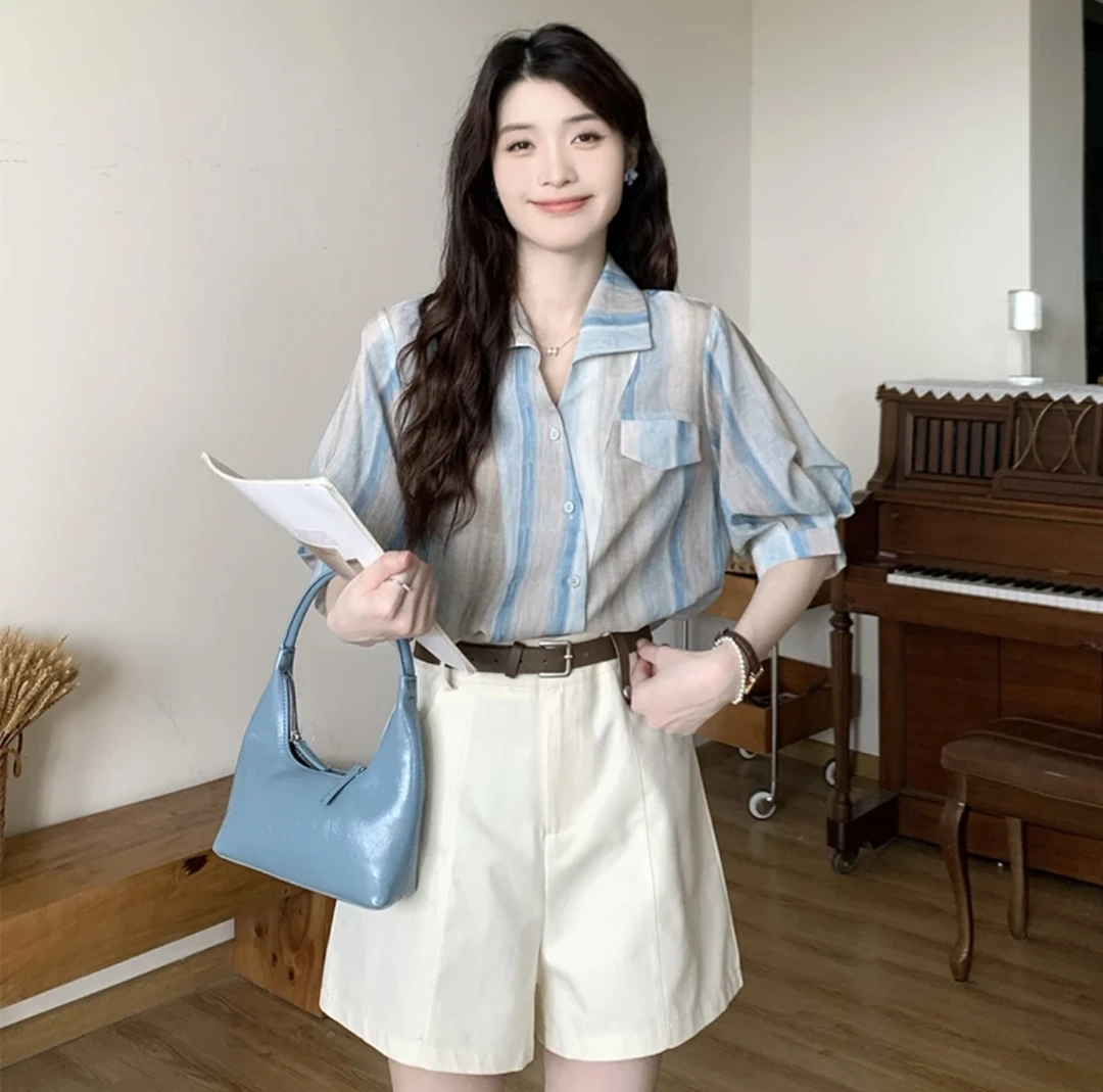 296港风复古条纹短袖衬衫新款女夏季高级感衬衣别致独特漂亮上衣
