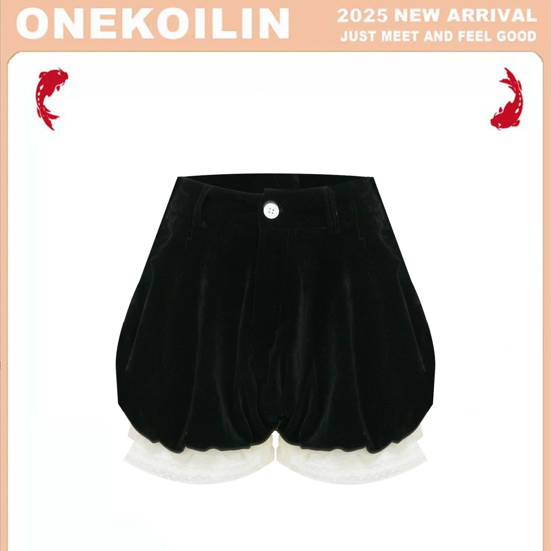 OneKoilin“vintage remake”丝绒拼接蕾丝花边百搭重工短裤 VRDK