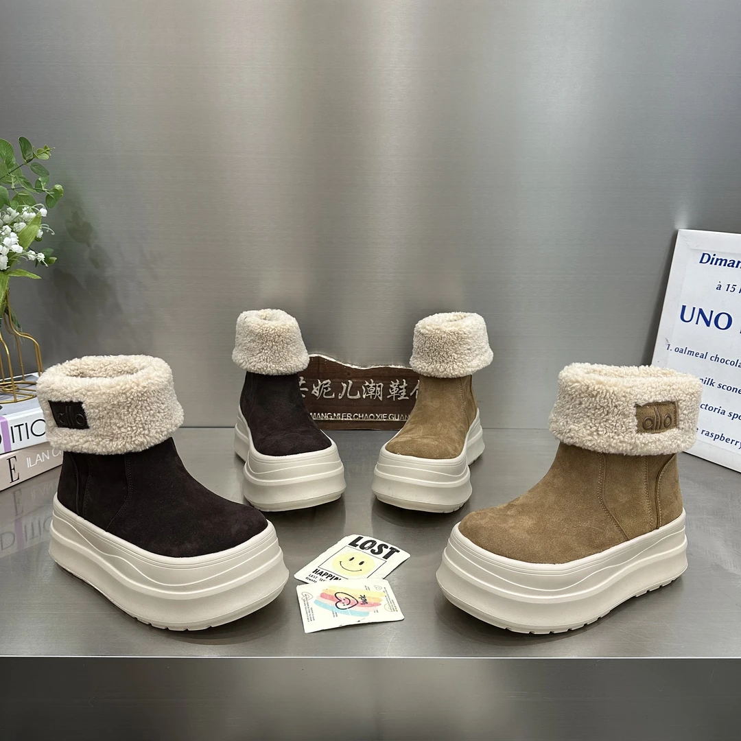 MANGNIER/磨砂真皮雪地靴女款圆头厚底两穿中筒靴毛毛口保暖短靴