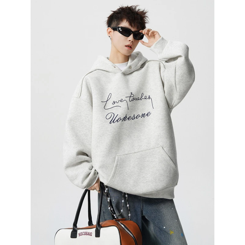 美式重磅加绒连帽卫衣男秋冬季砂洗做旧加厚高街潮流复古情侣外套