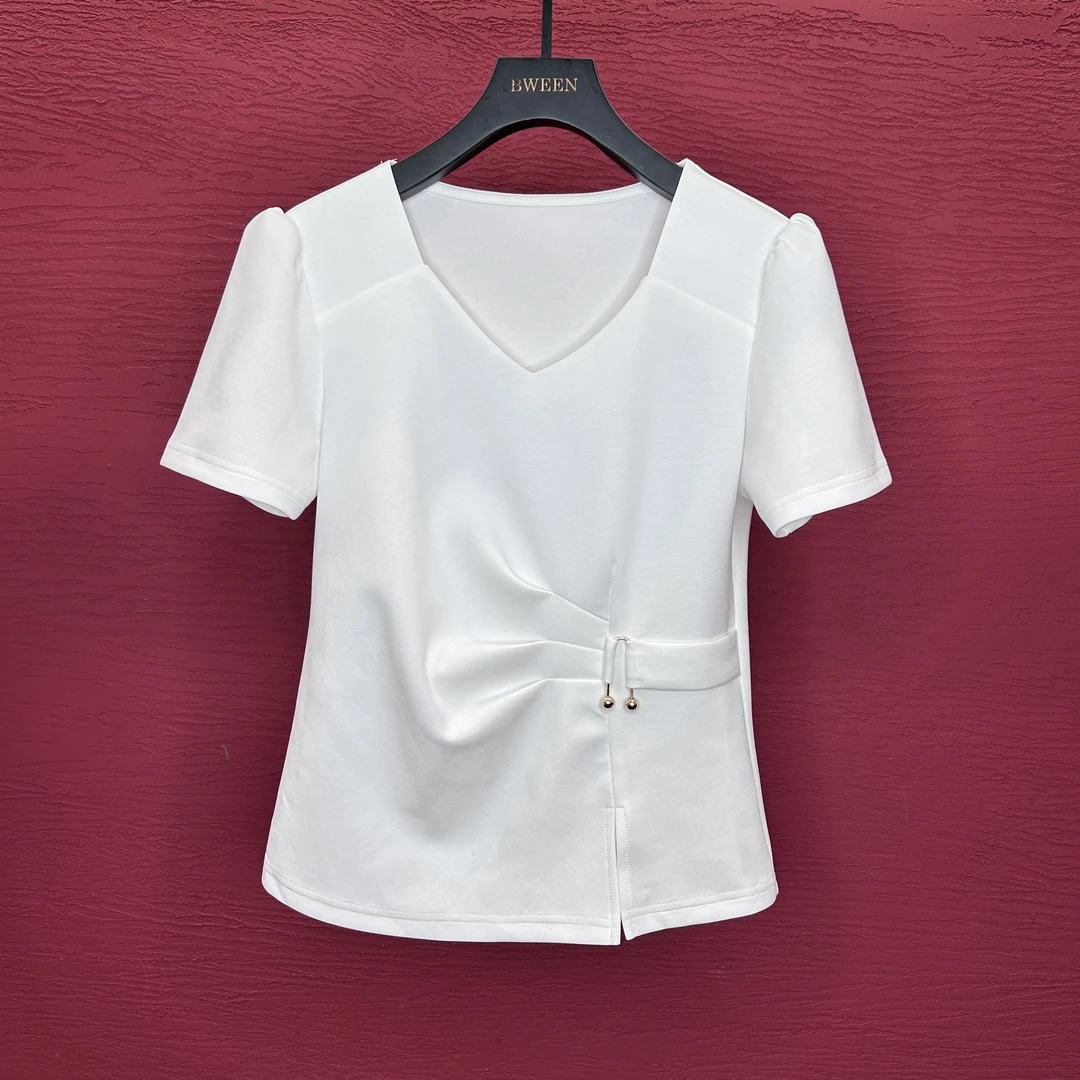 【菱形V领T】25年夏季V领设计感时尚收腰半袖显瘦短袖T恤