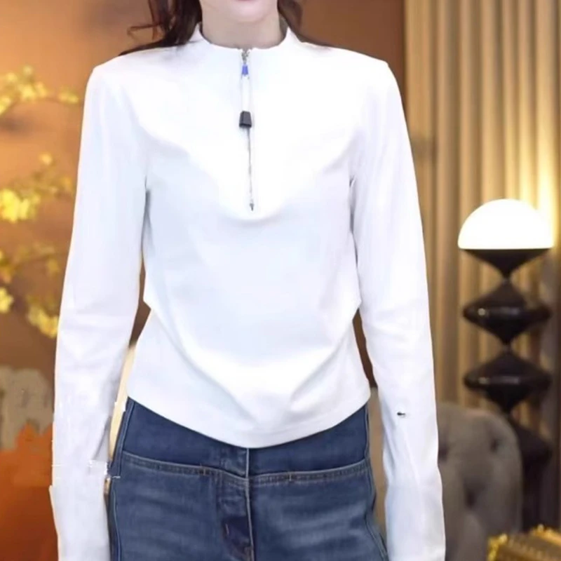 2025年春季大码女装设计感半拉链圆领长袖T恤修身显瘦打底衫上衣