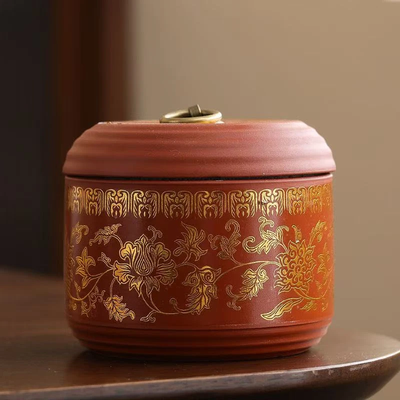 【现货】缠枝莲紫砂茶叶罐金色G2044