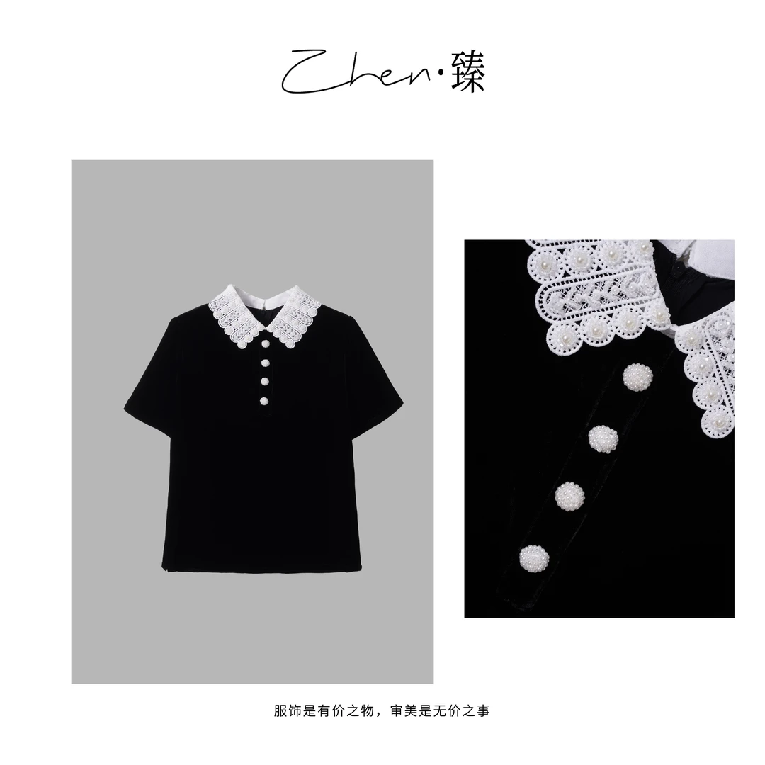 ZHEN.臻 法式轻奢刺绣镂空气质POLO领重磅真丝丝绒短袖SY8452Z