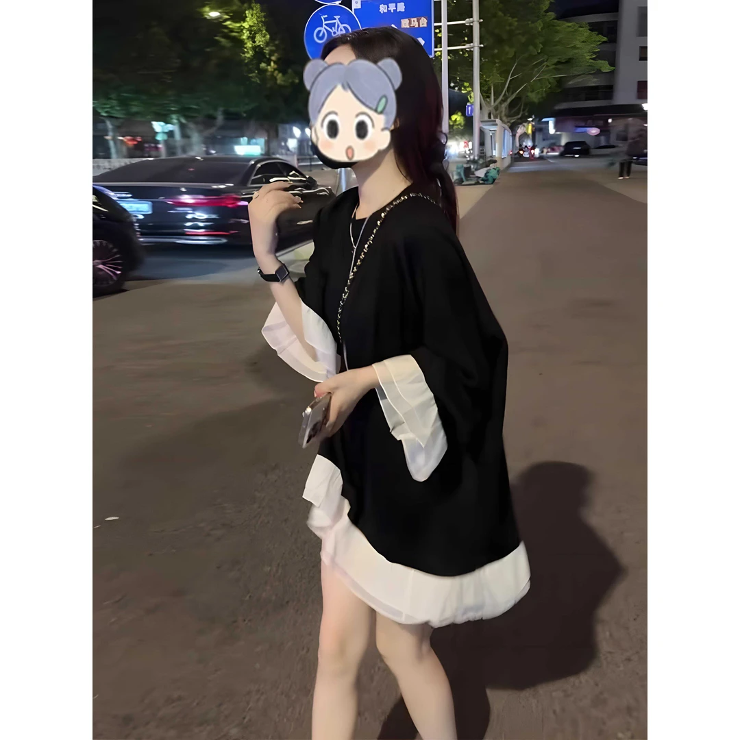 欧货拼接喇叭长袖衬衫女2025早秋季新款高级感时尚洋气宽松娃娃衫