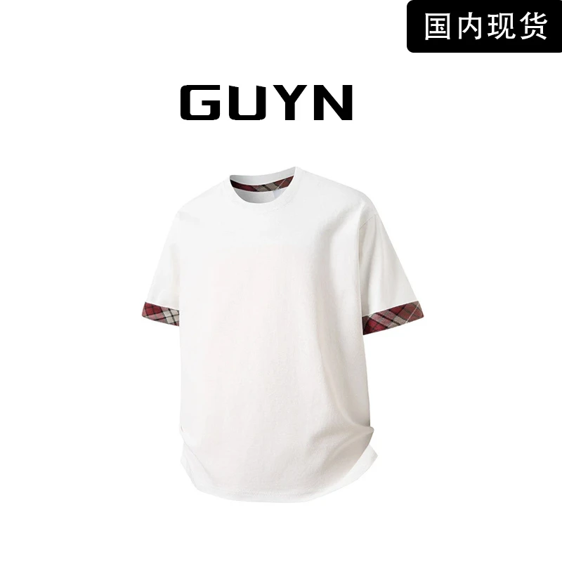 【品牌现货】GUYN夏季潮流美式格子撞色拼接圆领短袖宽松重磅T恤