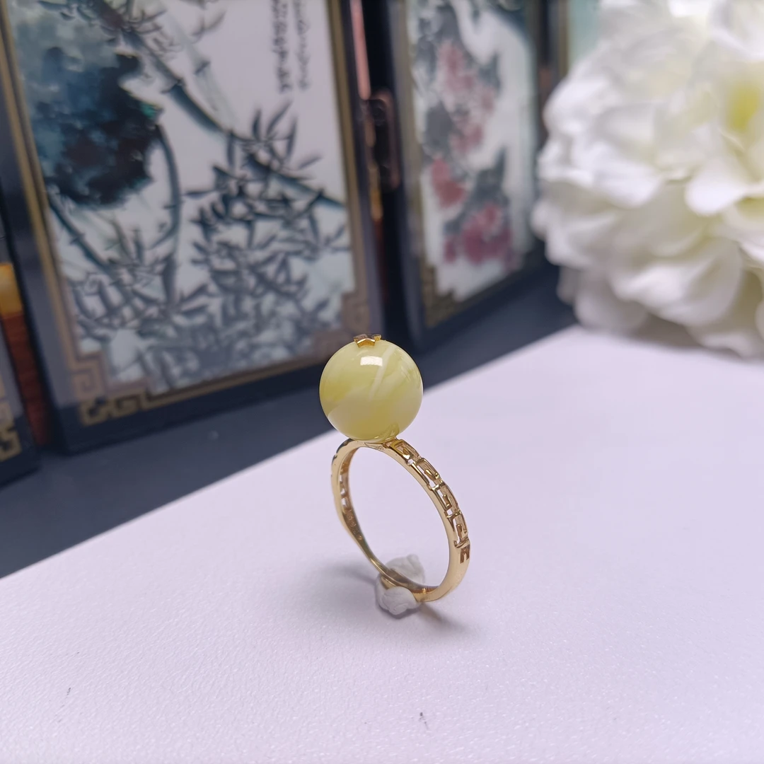 天然蜜蜡圆珠镶嵌戒指~10+瓷白妖花品质~2462