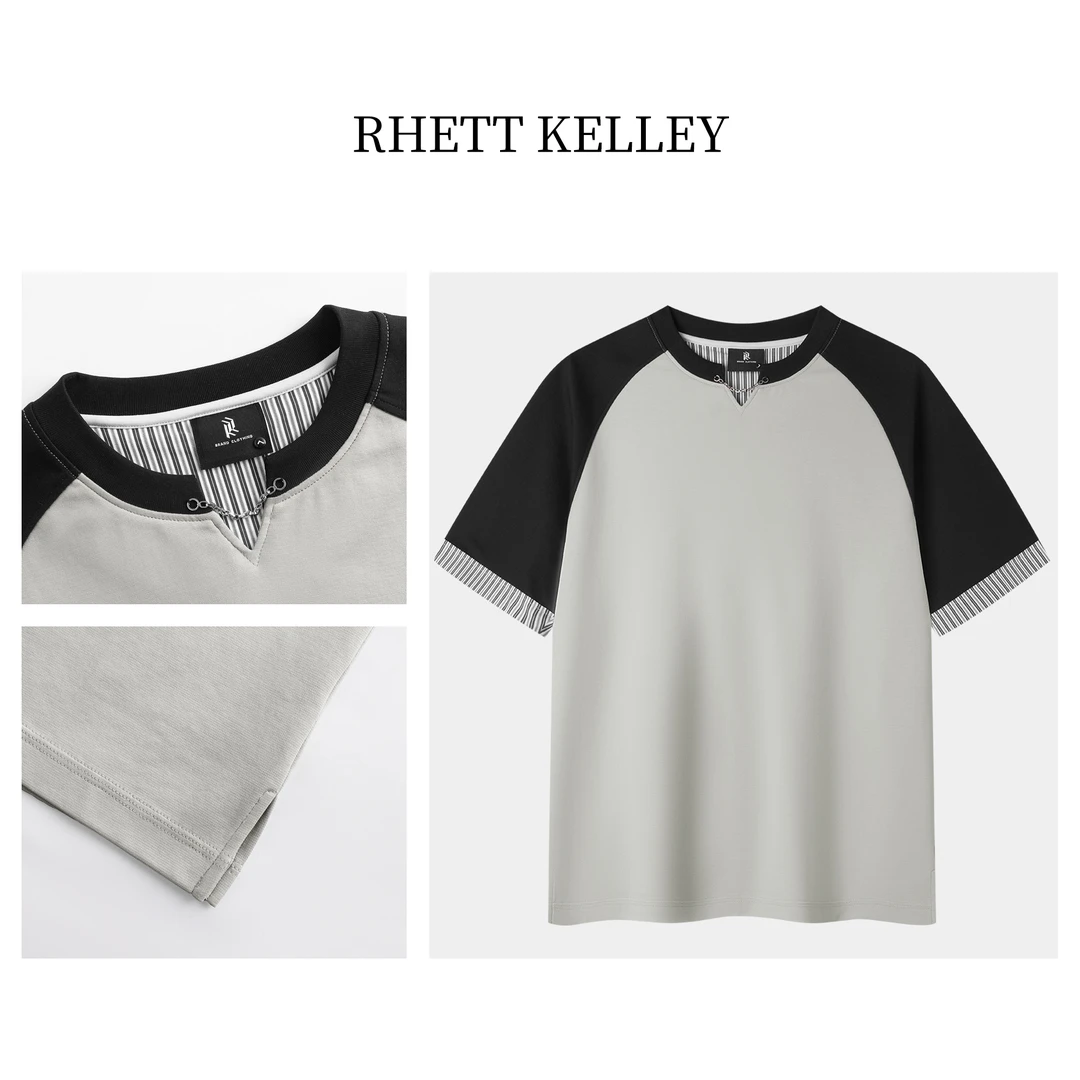 『240G重磅定制冰感棉』个性撞色小众插肩拼接袖休闲短袖T恤衫