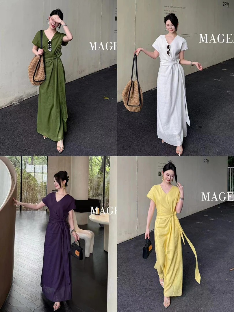 夏季苎麻亚麻新款收腰显瘦系带V领气质纯色中长连衣裙麦琪