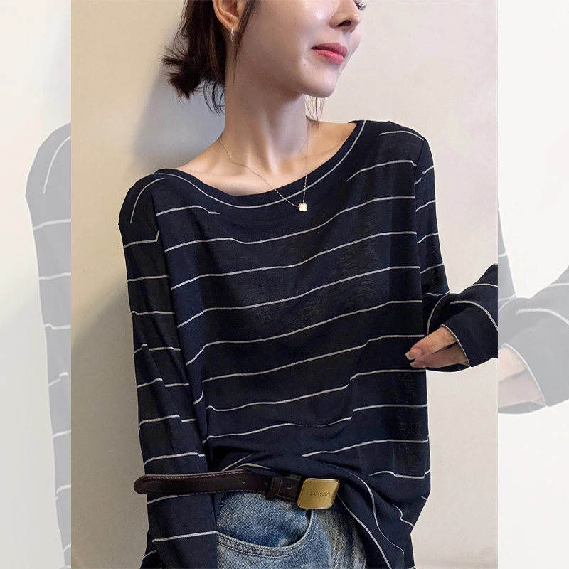 时尚撞色条纹气质长袖针织衫韩系通勤优雅显瘦上衣2025春秋高级感