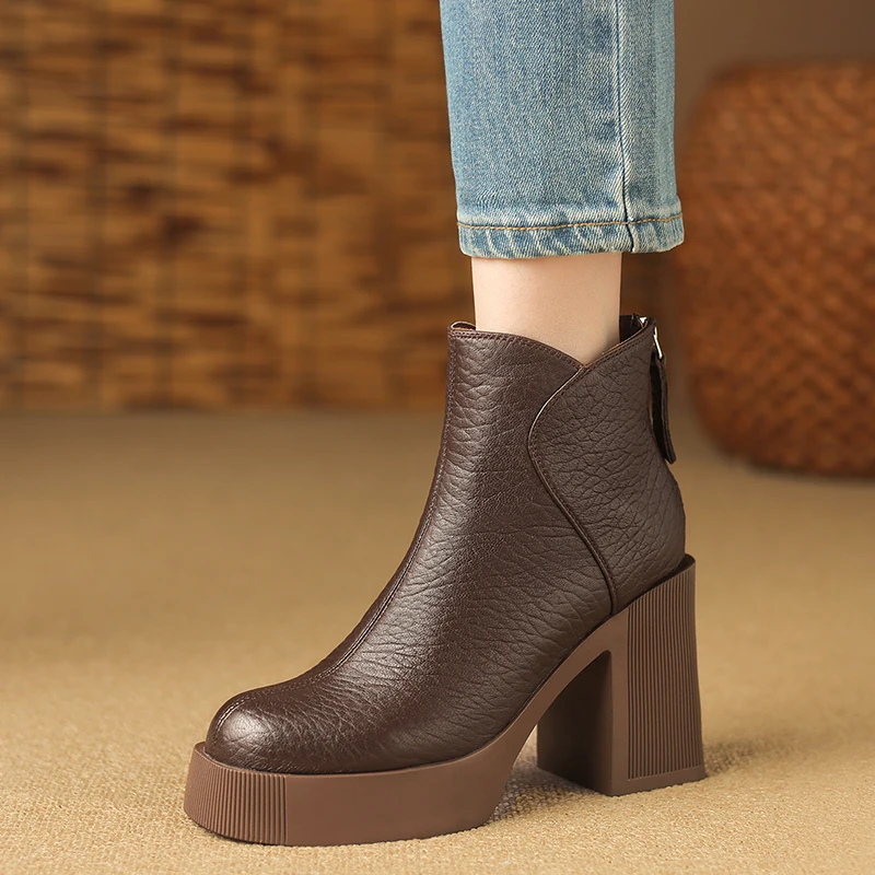 美拉德靴子女10cm厚底防水台高跟靴不累脚头层羊皮后拉链粗跟短靴