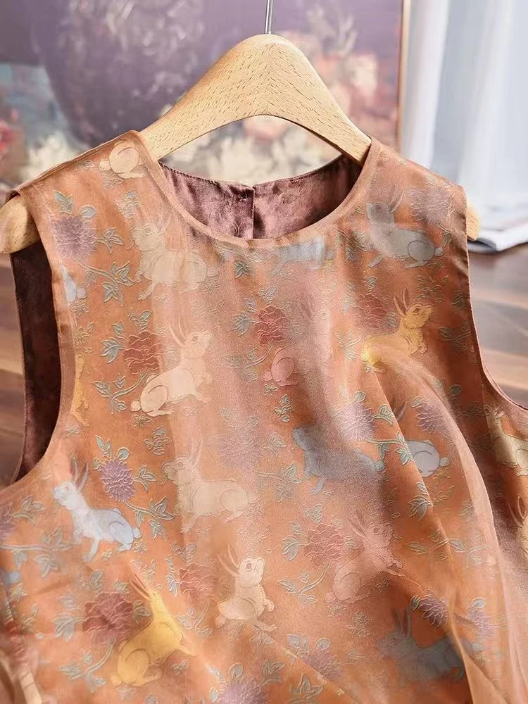 轻奢简约轻新中式印花马甲女2025夏季新款网纱拼接国风无袖背心