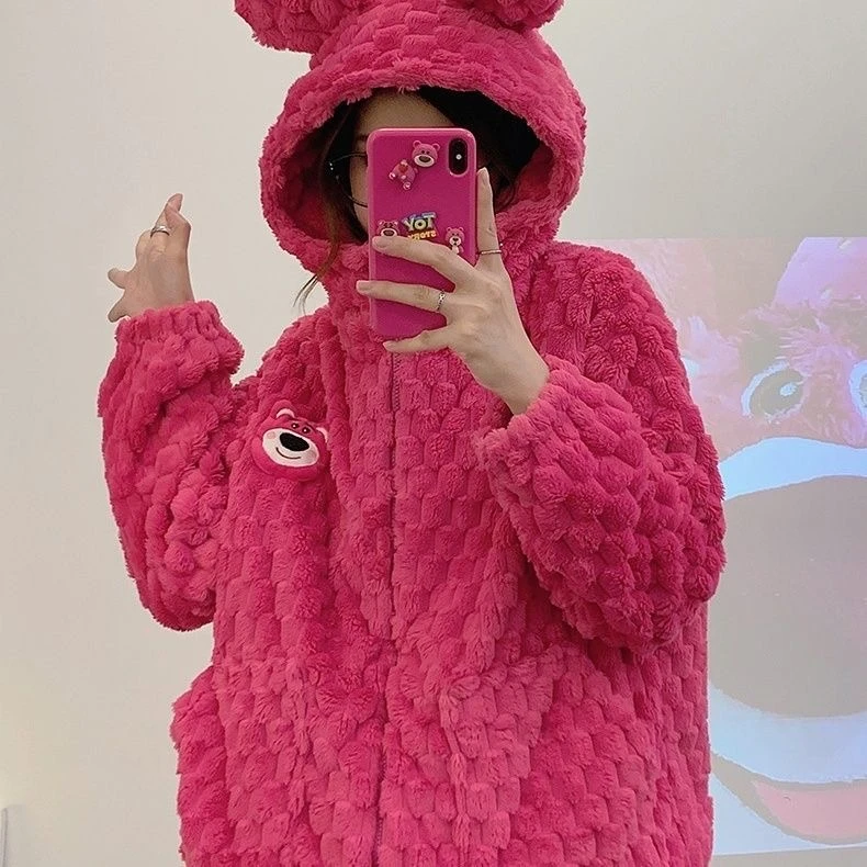 韩版加绒加厚珊瑚绒睡衣冬季拉链带帽草莓熊可外穿家居服学生宝妈