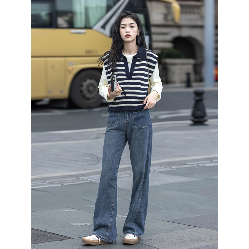 2025春季新款韩系穿搭高级感叠穿条纹马甲打底衫高腰牛仔裤三件套