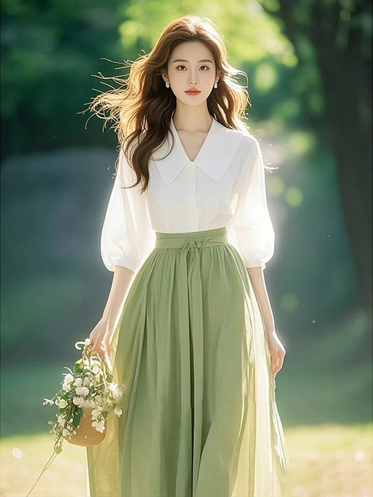 春季森系穿搭一整套轻奢高级感减龄独特绿色衬衫套装裙