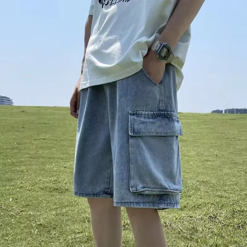 日系重磅水洗工装牛仔短裤男生美式高街复古机能风立体侧兜五分裤