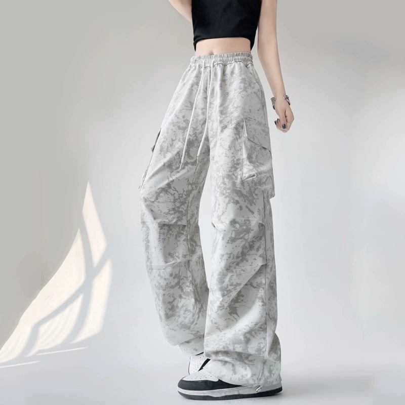 美式扎染工装裤女夏季薄款冰丝登山束脚裤高腰休闲阔腿冲锋运动裤