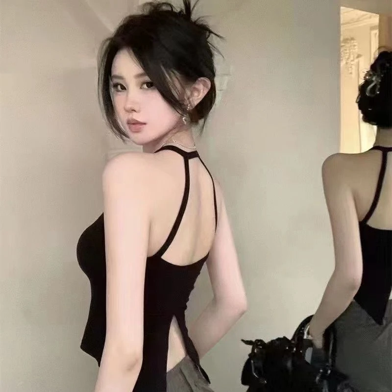 春夏挂脖吊带背心女内搭带胸垫开叉美背设计感短款辣妹潮修身显瘦