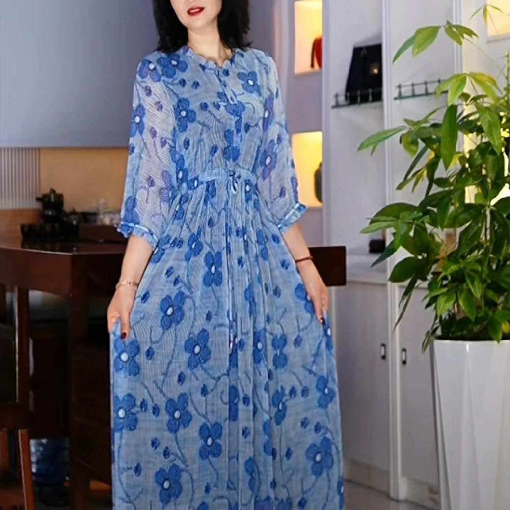 F508【旭日东方】蓝色花朵设计师高定款气质连衣裙百搭