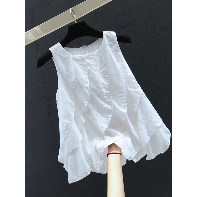法式气质荷叶边拼接白色衬衫夏季2025新款洋气宽松显瘦休闲背心女