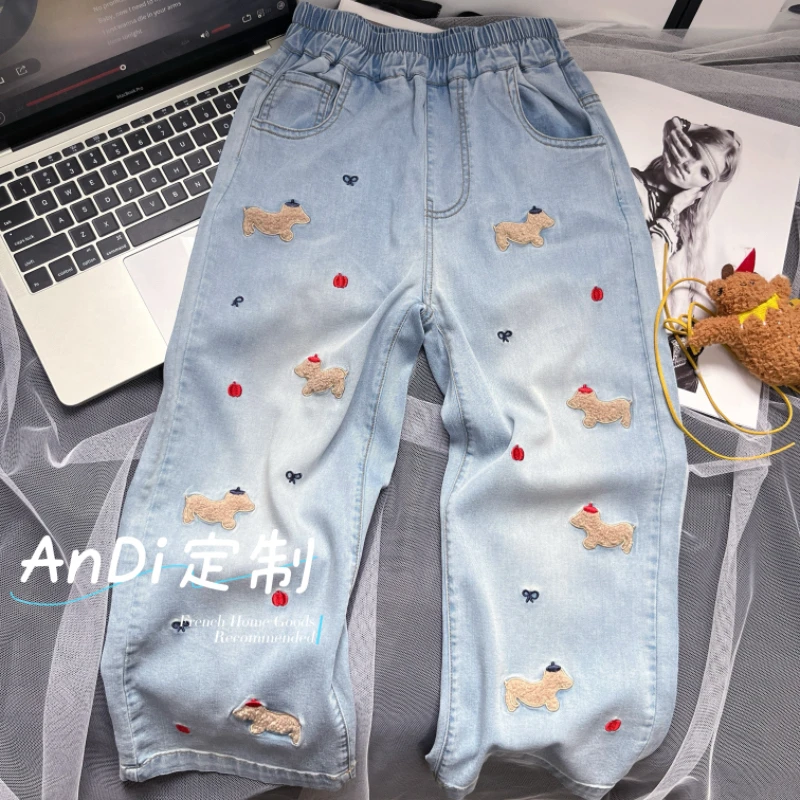 〖ANDI〗安迪订制女童夏季新款韩系卡通刺绣透气牛仔裤4159