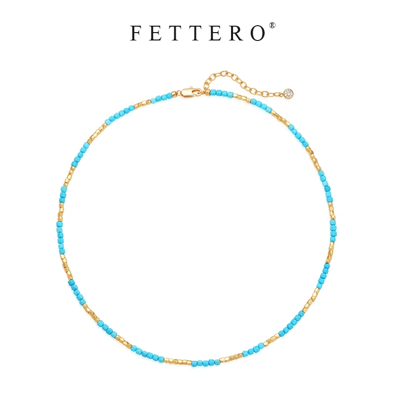 fettero 铜合金项链 【金色新松切角方粒正切珠颈链3mm】气质轻奢