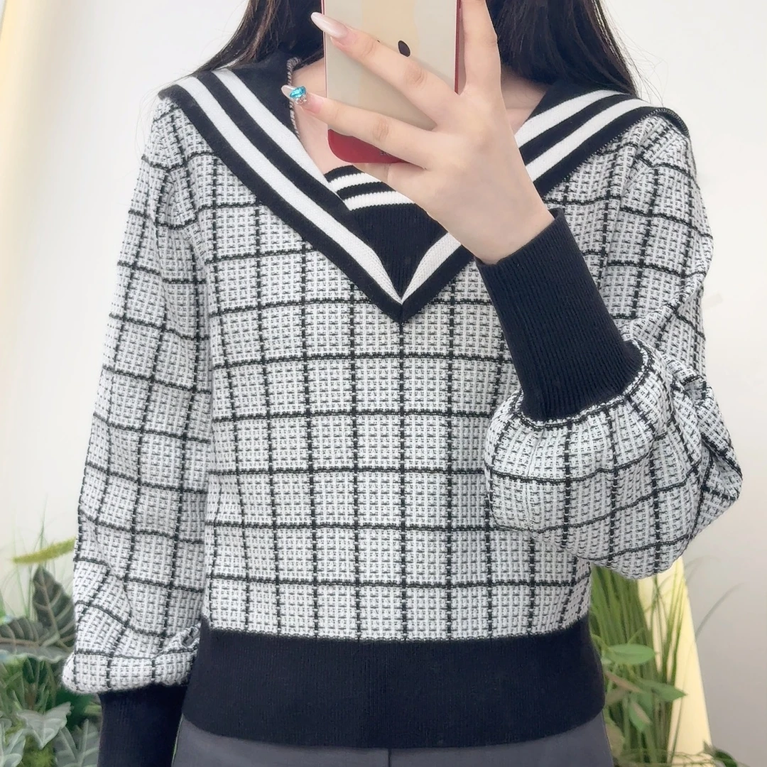 Lagogo/拉谷谷气质常规格子长袖毛衣格纹街头风LAMM441A40