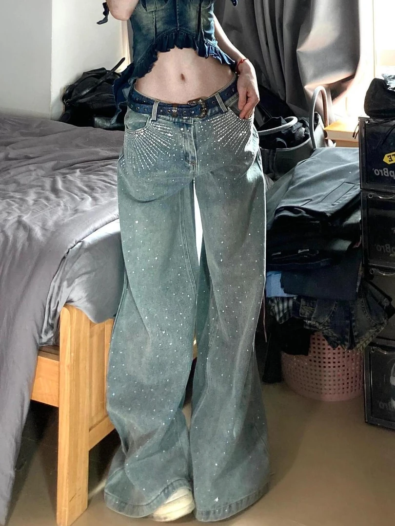 美式vibe大码水洗烫钻设计牛仔裤女街头宽松显瘦阔腿坠感长裤子潮