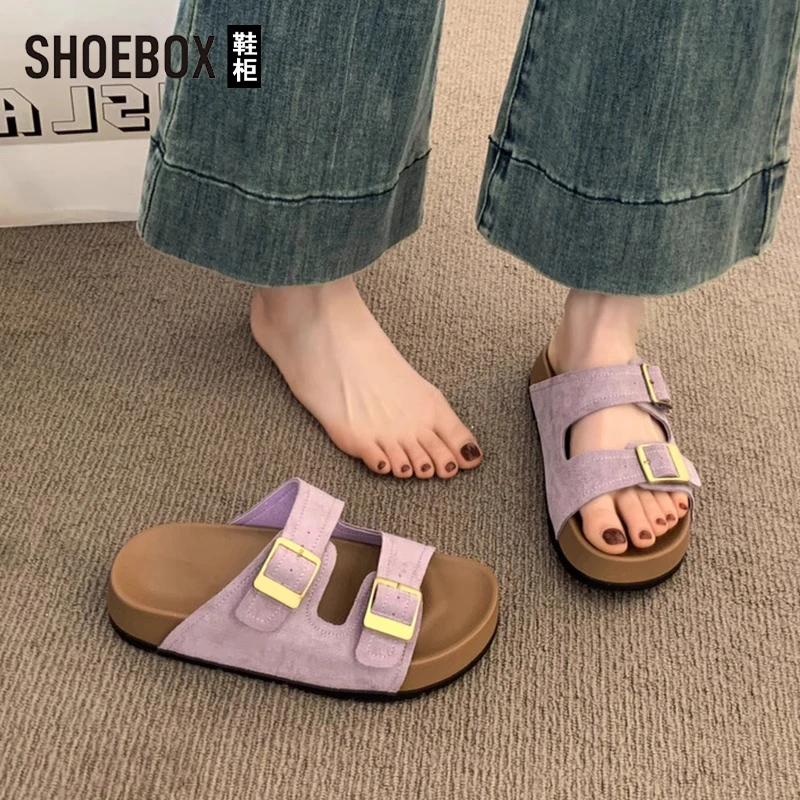 SHOEBOX鞋柜厚底拖鞋女夏外穿2025新款沙滩一字拖紫色勃肯鞋凉拖