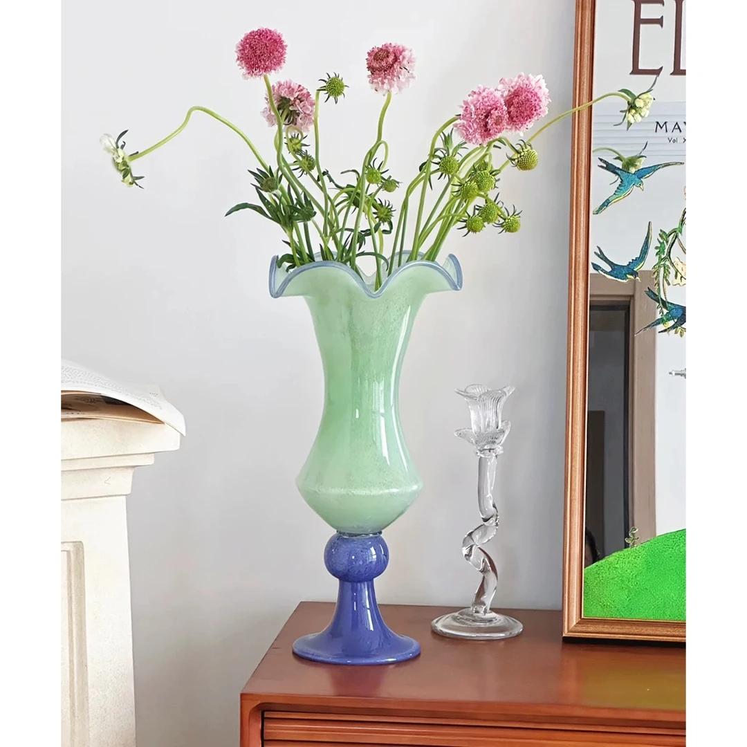 中古绿色琉璃高脚花瓶风灯高级感简约复古风装饰花瓶插花摆件