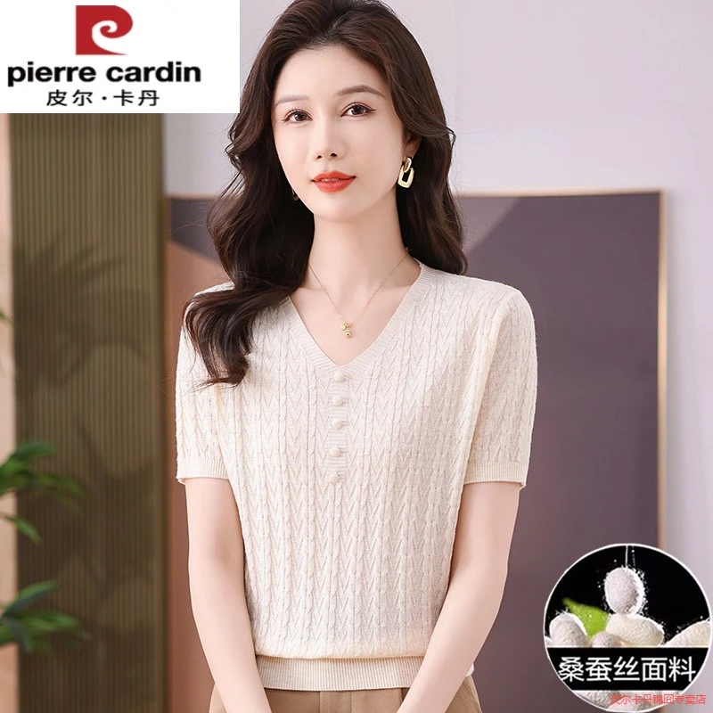 桑蚕丝v领短袖t恤女2025新款夏装纯色薄款冰丝针织衫妈妈短款上衣