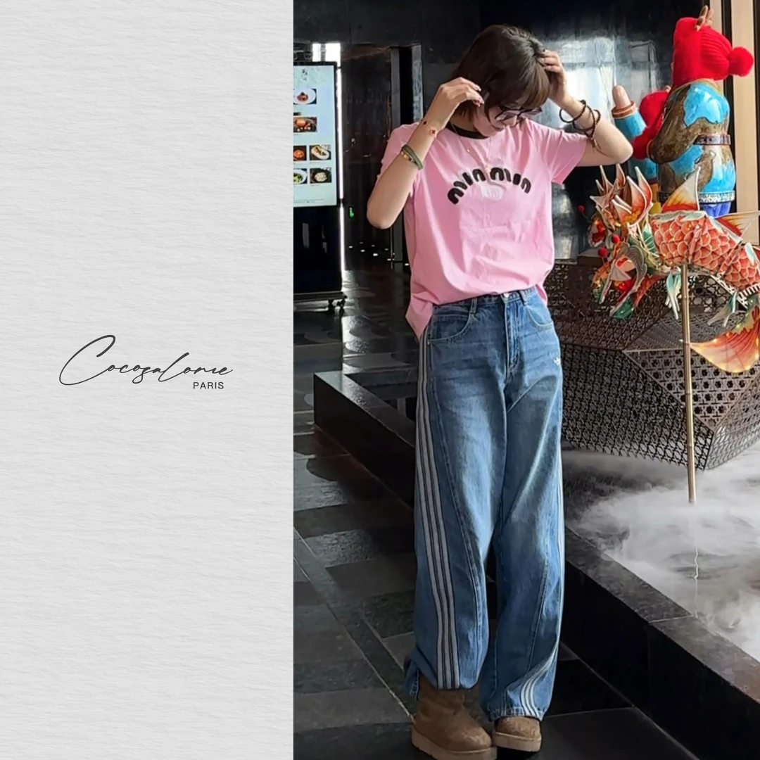 韩彬彬"阿笛裤"100%棉水洗侧条纹设计阔腿蓝色直筒牛仔裤1126-2