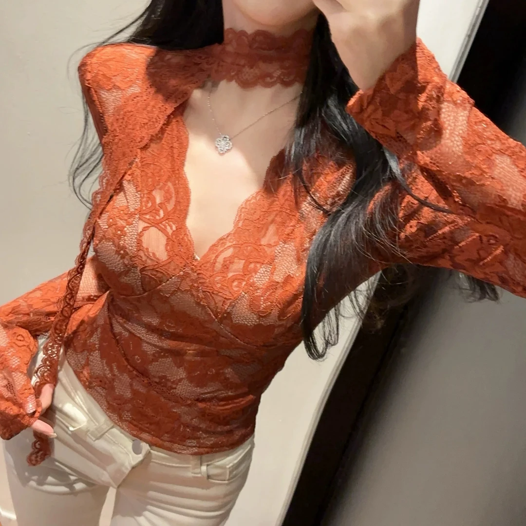 辣妹性感飘带V领加绒蕾丝衫女别致修身显瘦长袖打底衫蕾丝内搭