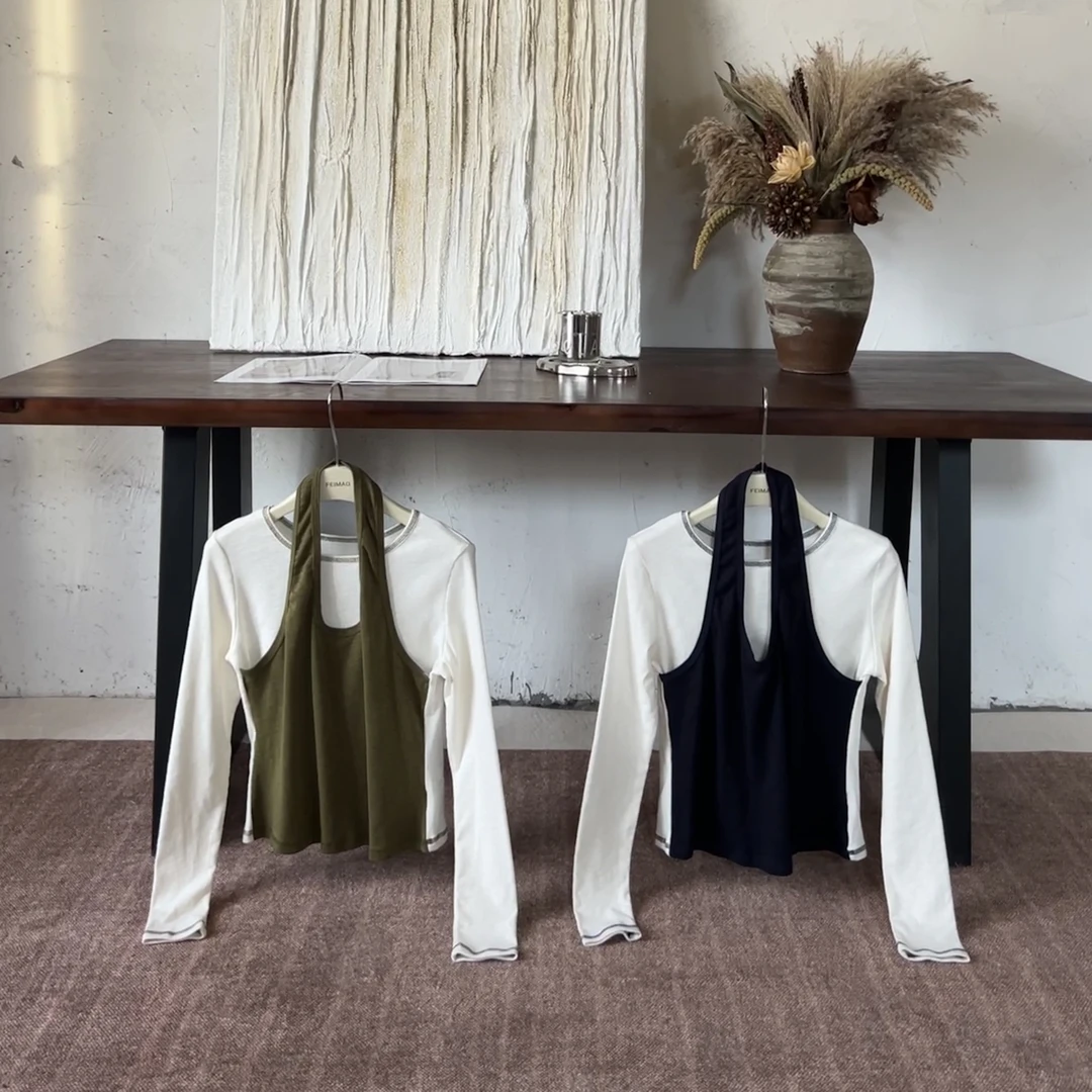 【赵小小&加分法则】8698  条纹挂脖背心长袖T恤女拼接假两件上衣女