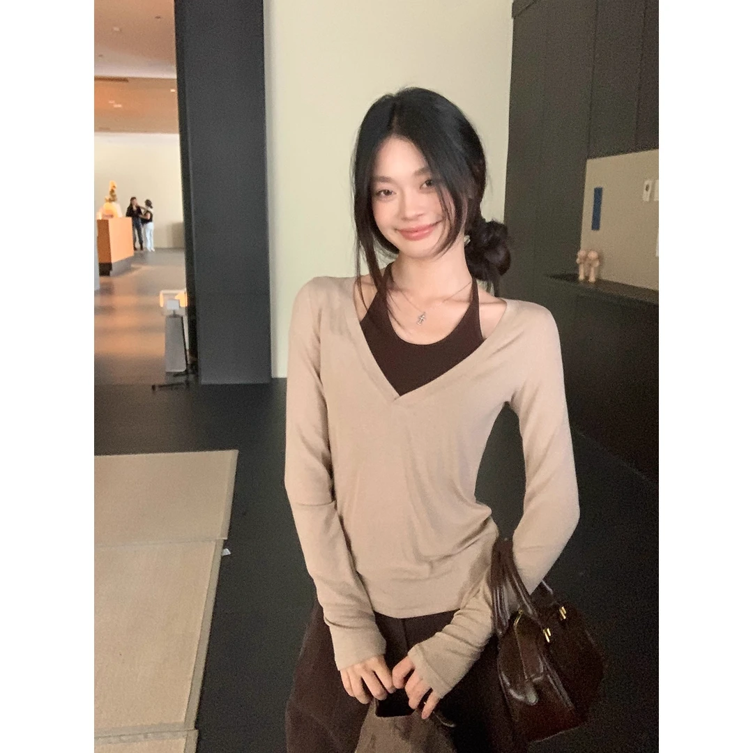 韩系挂脖两件套长袖T恤女秋季2025超好看内搭打底衫小上衣