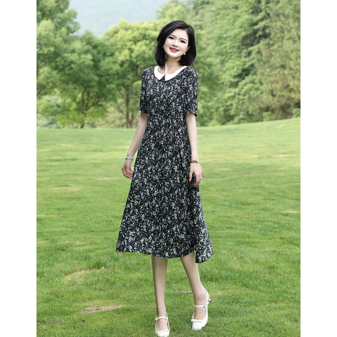 阿楠anan 光荫岁月 娃娃领碎花中长连衣裙女时尚法式气质减龄夏季